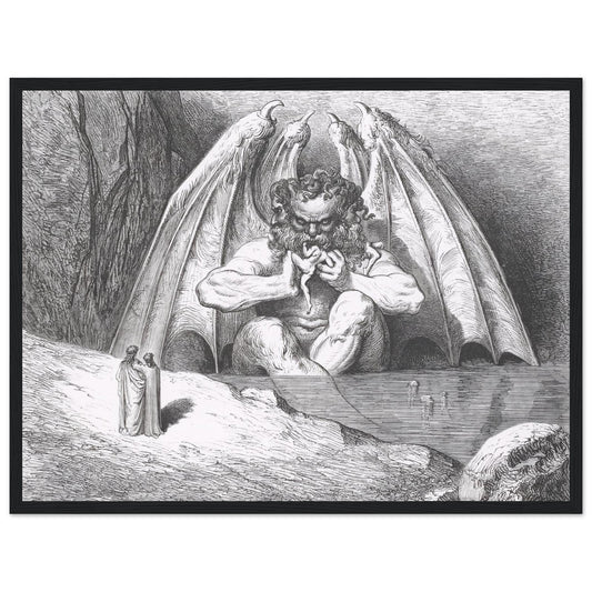 Gustave Doré engraving of Satan trapped in the frozen Ninth Circle of Hell from Dante's Inferno, available as fine art print, framed poster, or canvas